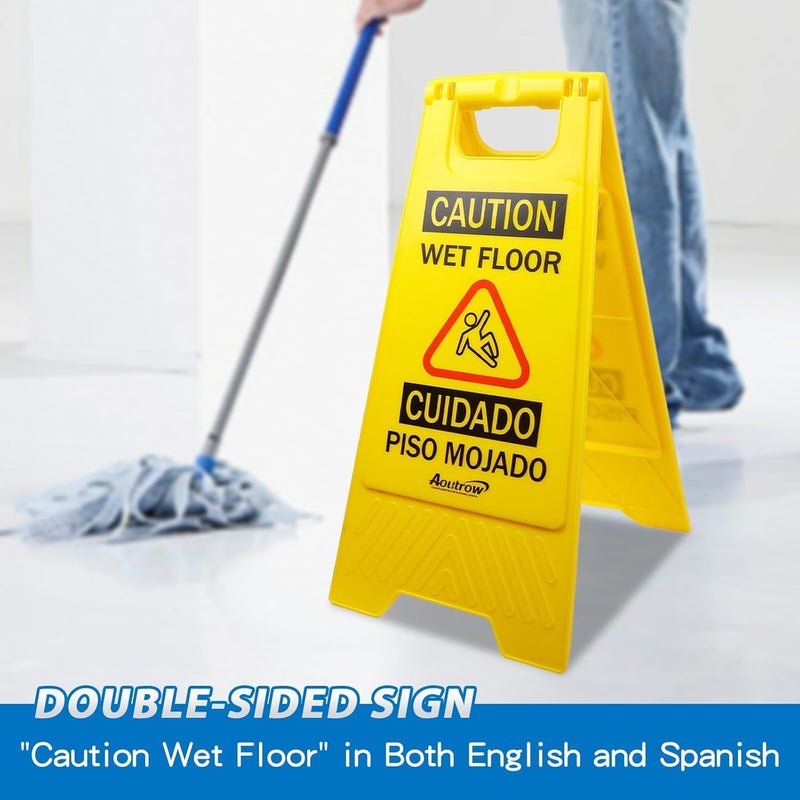 Aoutrow Caution Wet Floor Sign, （L:17.12in W:8.38in H:0.94in）2-Sided Foldable Safety Sign for Commercial Use, A Frame Caution Sign Bilingual Warning Signs, Yellow (yellow 2pack) - Image 5